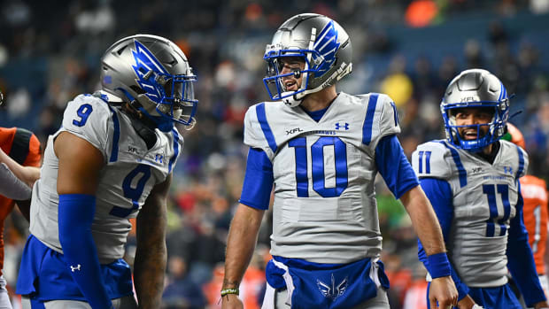 St. Louis Battlehawks quarterback AJ McCarron (10) celebrates after scoring a touchdown against the Seattle Sea Dragons